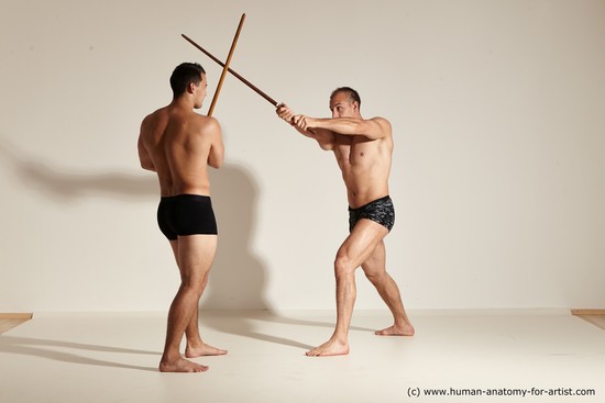 Underwear Fighting with spear Man - Man White Moving poses Muscular Short Brown Dynamic poses Academic