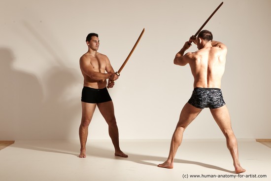 Underwear Fighting with spear Man - Man White Moving poses Muscular Short Brown Dynamic poses Academic