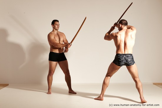 Underwear Fighting with spear Man - Man White Moving poses Muscular Short Brown Dynamic poses Academic