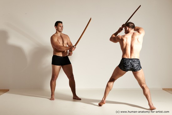 Underwear Fighting with spear Man - Man White Moving poses Muscular Short Brown Dynamic poses Academic