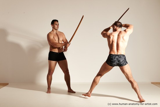 Underwear Fighting with spear Man - Man White Moving poses Muscular Short Brown Dynamic poses Academic