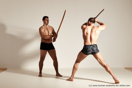 Underwear Fighting with spear Man - Man White Moving poses Muscular Short Brown Dynamic poses Academic