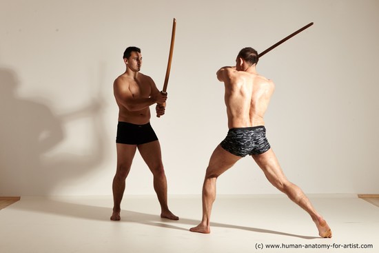 Underwear Fighting with spear Man - Man White Moving poses Muscular Short Brown Dynamic poses Academic