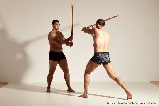 Underwear Fighting with spear Man - Man White Moving poses Muscular Short Brown Dynamic poses Academic