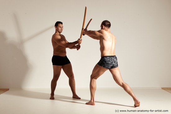 Underwear Fighting with spear Man - Man White Moving poses Muscular Short Brown Dynamic poses Academic