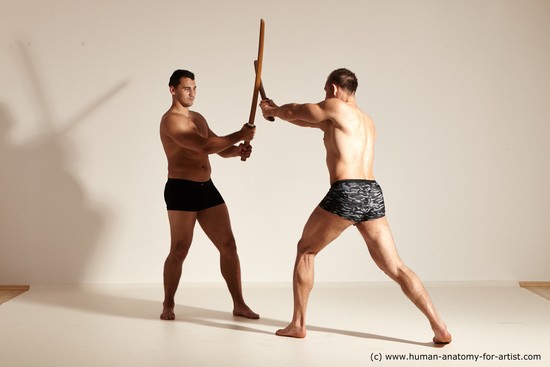 Underwear Fighting with spear Man - Man White Moving poses Muscular Short Brown Dynamic poses Academic