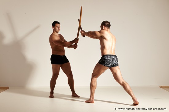 Underwear Fighting with spear Man - Man White Moving poses Muscular Short Brown Dynamic poses Academic