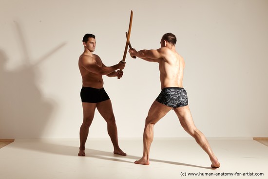 Underwear Fighting with spear Man - Man White Moving poses Muscular Short Brown Dynamic poses Academic