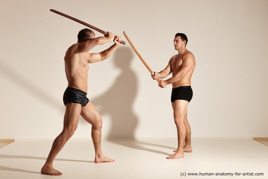 Underwear Fighting with spear Man - Man White Moving poses Muscular Short Brown Dynamic poses Academic