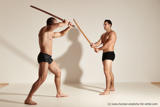 Underwear Fighting with spear Man - Man White Moving poses Muscular Short Brown Dynamic poses Academic