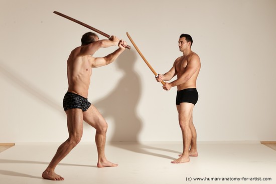 Underwear Fighting with spear Man - Man White Moving poses Muscular Short Brown Dynamic poses Academic