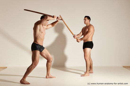 Underwear Fighting with spear Man - Man White Moving poses Muscular Short Brown Dynamic poses Academic