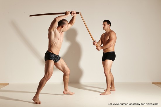 Underwear Fighting with spear Man - Man White Moving poses Muscular Short Brown Dynamic poses Academic