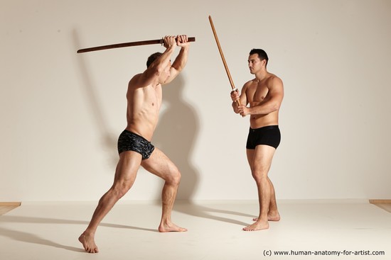 Underwear Fighting with spear Man - Man White Moving poses Muscular Short Brown Dynamic poses Academic