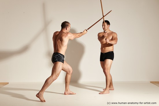 Underwear Fighting with spear Man - Man White Moving poses Muscular Short Brown Dynamic poses Academic