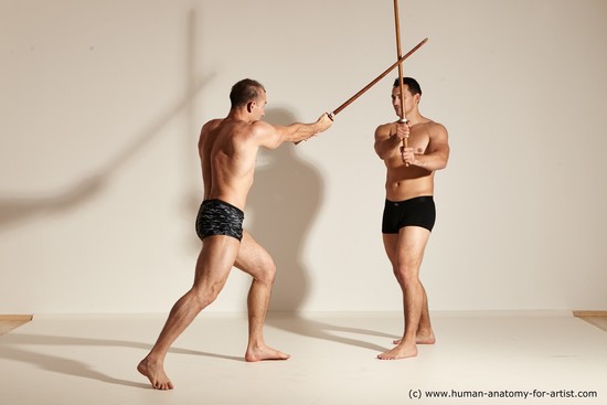 Underwear Fighting with spear Man - Man White Moving poses Muscular Short Brown Dynamic poses Academic