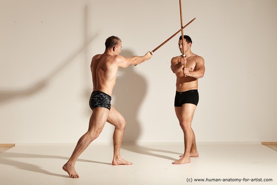 Underwear Fighting with spear Man - Man White Moving poses Muscular Short Brown Dynamic poses Academic