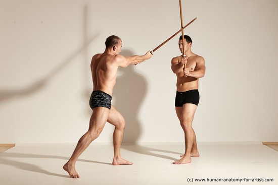 Underwear Fighting with spear Man - Man White Moving poses Muscular Short Brown Dynamic poses Academic