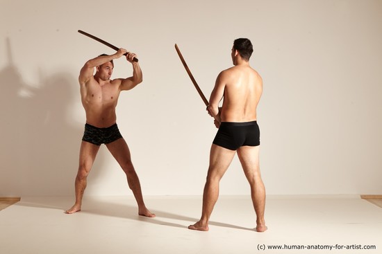 Underwear Fighting with spear Man - Man White Moving poses Muscular Short Brown Dynamic poses Academic