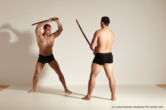 Underwear Fighting with spear Man - Man White Moving poses Muscular Short Brown Dynamic poses Academic