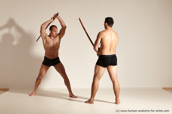 Underwear Fighting with spear Man - Man White Moving poses Muscular Short Brown Dynamic poses Academic