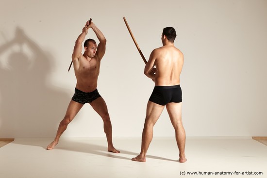 Underwear Fighting with spear Man - Man White Moving poses Muscular Short Brown Dynamic poses Academic