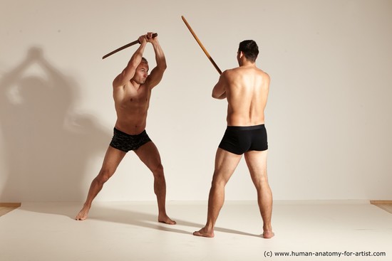 Underwear Fighting with spear Man - Man White Moving poses Muscular Short Brown Dynamic poses Academic