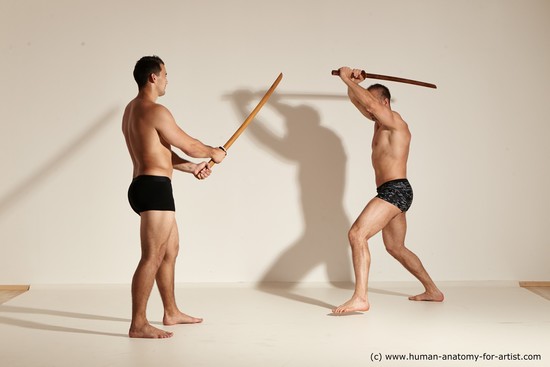 Underwear Fighting with spear Man - Man White Moving poses Muscular Short Brown Dynamic poses Academic