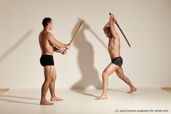 Underwear Fighting with spear Man - Man White Moving poses Muscular Short Brown Dynamic poses Academic