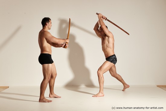 Underwear Fighting with spear Man - Man White Moving poses Muscular Short Brown Dynamic poses Academic