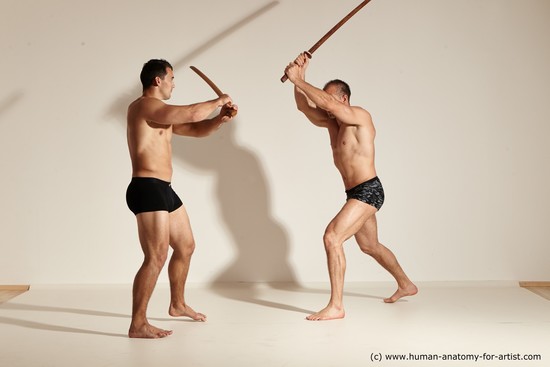 Underwear Fighting with spear Man - Man White Moving poses Muscular Short Brown Dynamic poses Academic