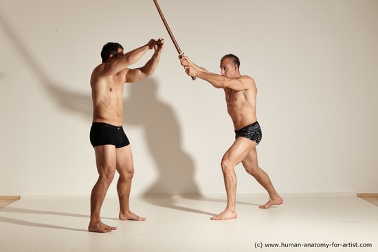 Underwear Fighting with spear Man - Man White Moving poses Muscular Short Brown Dynamic poses Academic