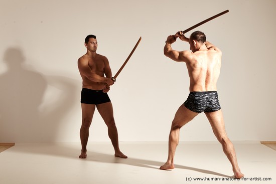 Underwear Fighting with spear Man - Man White Moving poses Muscular Short Brown Dynamic poses Academic