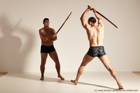 Underwear Fighting with spear Man - Man White Moving poses Muscular Short Brown Dynamic poses Academic