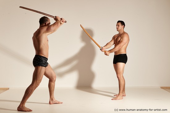 Underwear Fighting with spear Man - Man White Moving poses Muscular Short Brown Dynamic poses Academic