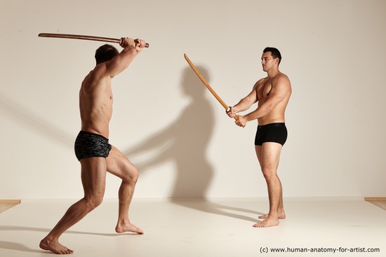 Underwear Fighting with spear Man - Man White Moving poses Muscular Short Brown Dynamic poses Academic