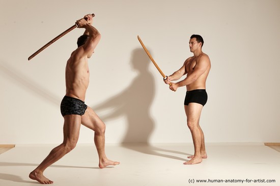 Underwear Fighting with spear Man - Man White Moving poses Muscular Short Brown Dynamic poses Academic