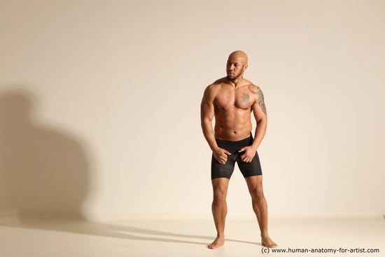 Underwear Man Black Muscular Bald Dancing Dynamic poses Academic