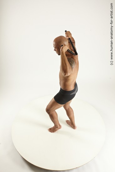 Underwear Fighting Man Black Sitting poses - simple Muscular Bald Sitting poses - ALL Multi angles poses Academic