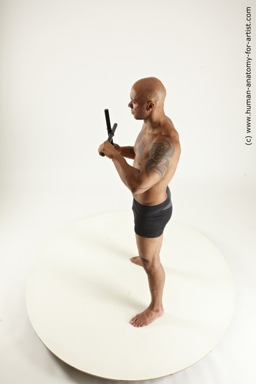 Underwear Fighting Man Black Sitting poses - simple Muscular Bald Sitting poses - ALL Multi angles poses Academic