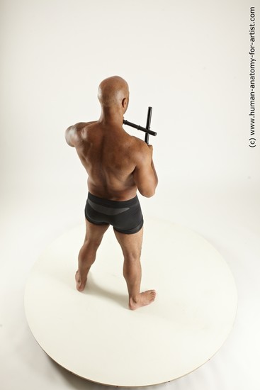 Underwear Fighting Man Black Sitting poses - simple Muscular Bald Sitting poses - ALL Multi angles poses Academic