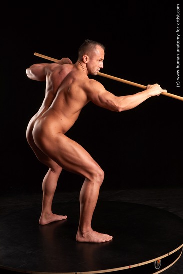 Nude Fighting with spear Man White Standing poses - ALL Muscular Short Brown Standing poses - simple Standard Photoshoot Realistic