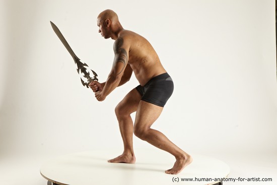 Underwear Fighting with sword Man Black Muscular Bald Multi angles poses Academic