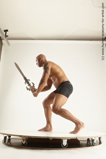 Underwear Fighting with sword Man Black Muscular Bald Multi angles poses Academic