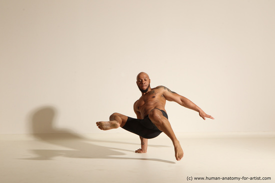 Underwear Man Black Muscular Bald Dancing Dynamic poses Academic