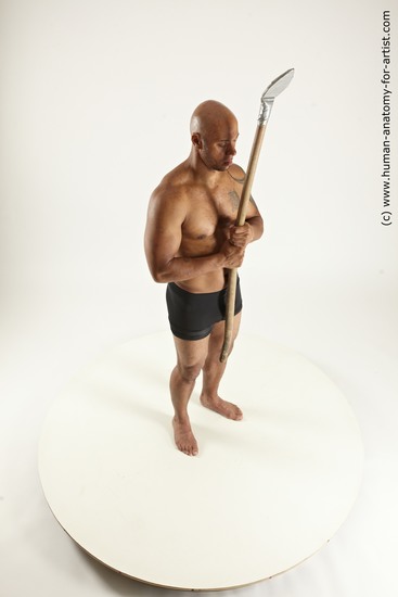 Underwear Fighting with spear Man Black Standing poses - ALL Muscular Bald Standing poses - simple Multi angles poses Academic