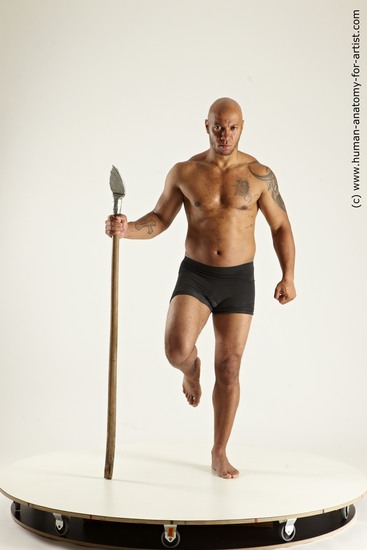 Underwear Fighting with spear Man Black Standing poses - ALL Muscular Bald Standing poses - simple Multi angles poses Academic