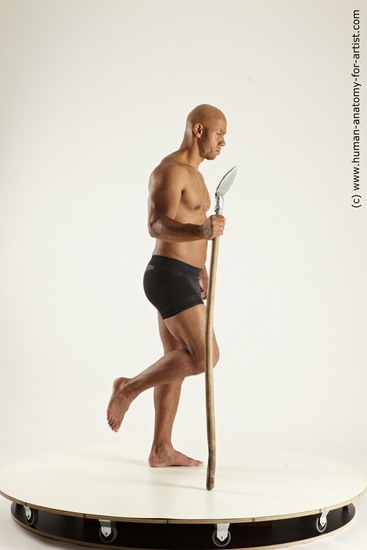 Underwear Fighting with spear Man Black Standing poses - ALL Muscular Bald Standing poses - simple Multi angles poses Academic