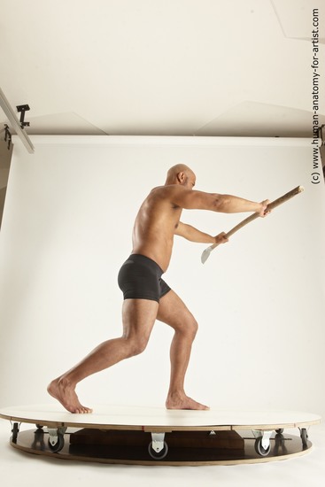 Underwear Fighting with spear Man Black Standing poses - ALL Muscular Bald Standing poses - simple Multi angles poses Academic