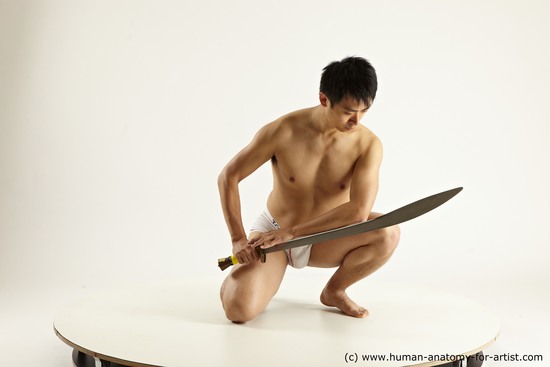 Underwear Fighting with sword Man Asian Slim Medium Black Multi angles poses Academic